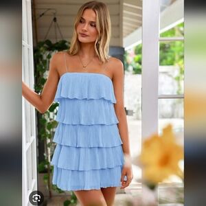 Boutique Pastel Blue Tiered Ruffle Mini Dress Spagetti Strap M